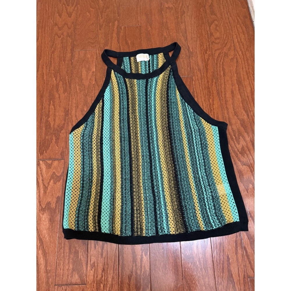 Nation LTD Womens Pima Cotton Knit Halter Tank Top Striped Teal Yellow CXL